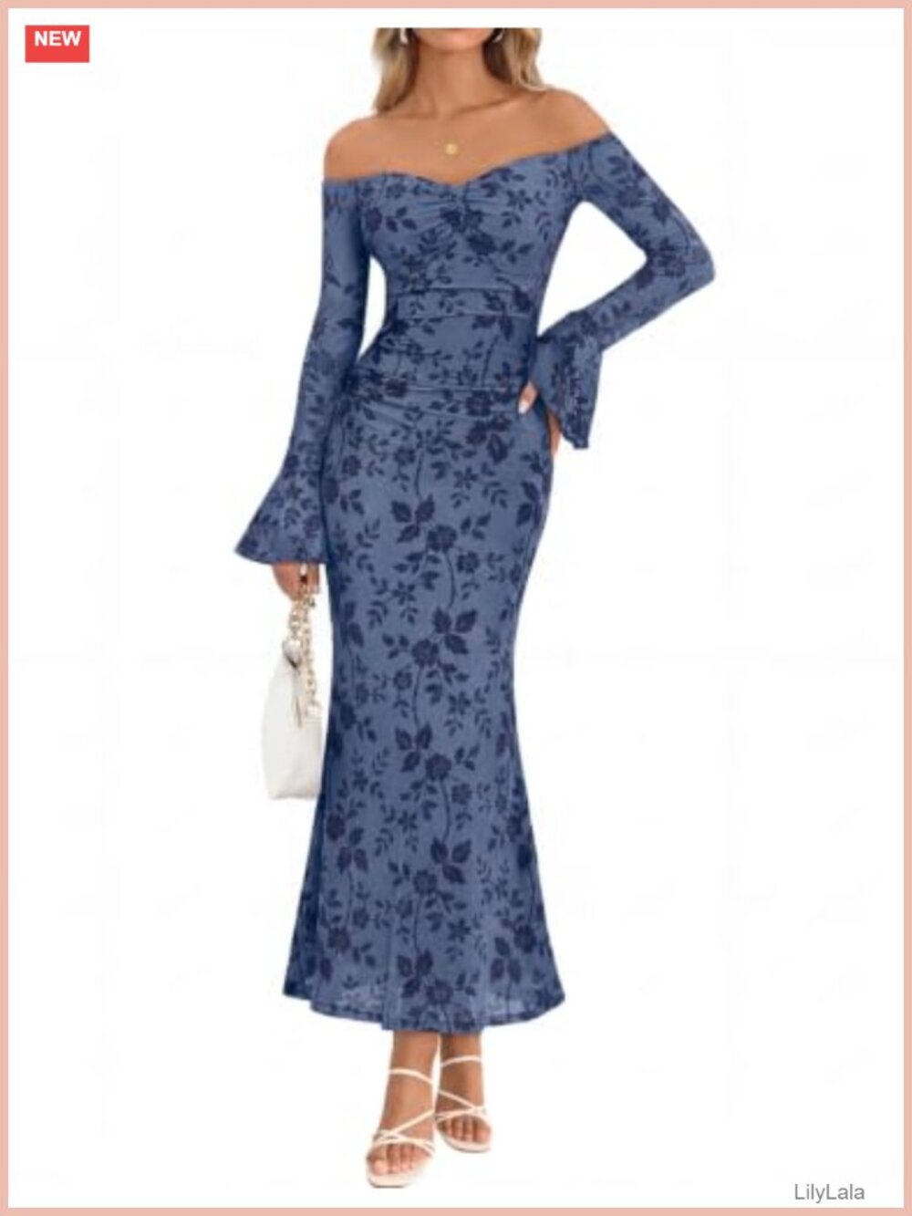 Off Shoulder Bodycon Maxi Dress Long Bell Sleeve Formal Wedding Guest